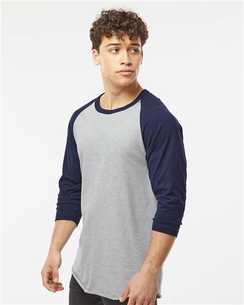 Fine Jersey Raglan T-Shirt - OnModelSide - B30359122 - Heather Grey/ Navy