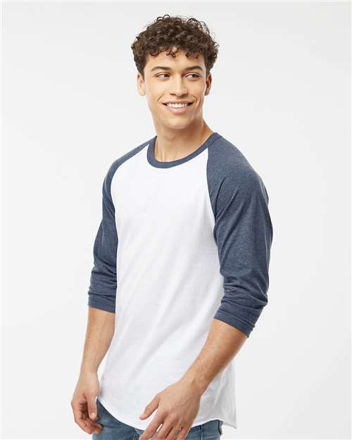 Fine Jersey Raglan T-Shirt - OnModelSide - B30359172 - White/ Heather Denim