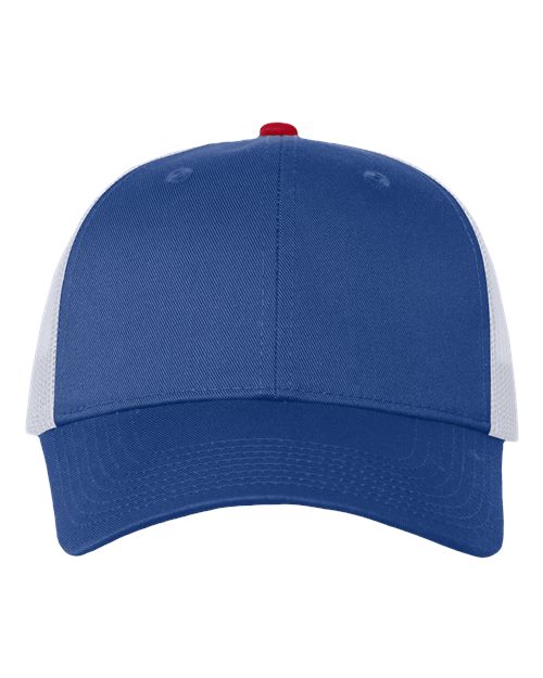 Mesh-Back Twill Trucker Cap - Front - B24995750 - Royal/ White/ Red