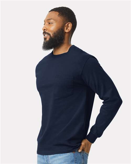 Ultra Cotton® Long Sleeve Pocket T-Shirt - OnModelSide - B05060653 - Navy