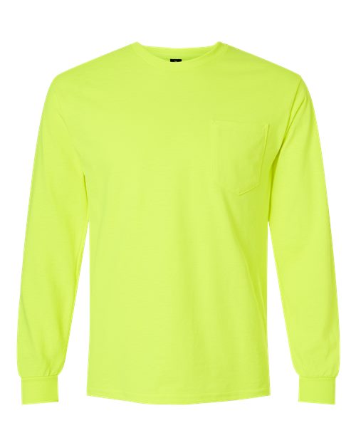Ultra Cotton® Long Sleeve Pocket T-Shirt - Front - B05060163 - Safety Green
