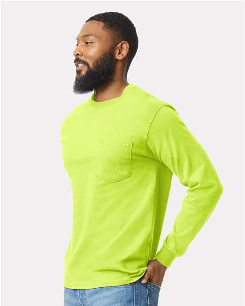 Ultra Cotton® Long Sleeve Pocket T-Shirt - OnModelSide - B05060163 - Safety Green