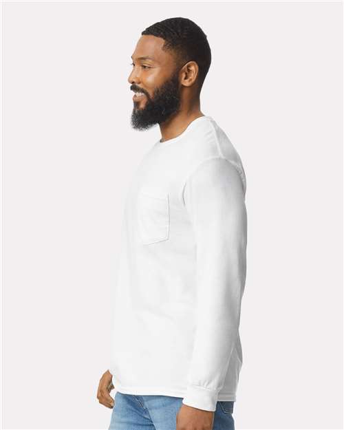 Ultra Cotton® Long Sleeve Pocket T-Shirt - OnModelSide - B05060003 - White