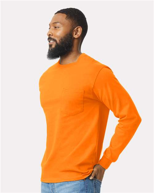 Ultra Cotton® Long Sleeve Pocket T-Shirt - OnModelSide - B05060333 - Safety Orange