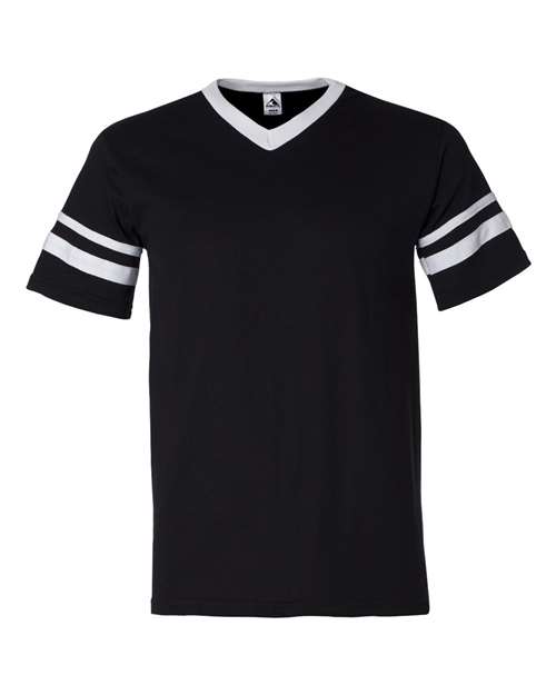 V-Neck Jersey with Striped Sleeves - Front - B06334503 - Black/ White