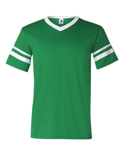 V-Neck Jersey with Striped Sleeves - Front - B06334603 - Kelly/ White
