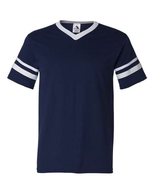 V-Neck Jersey with Striped Sleeves - Front - B06334653 - Navy/ White