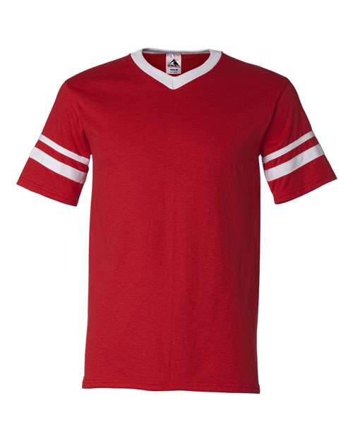 V-Neck Jersey with Striped Sleeves - Front - B06334703 - Red/ White