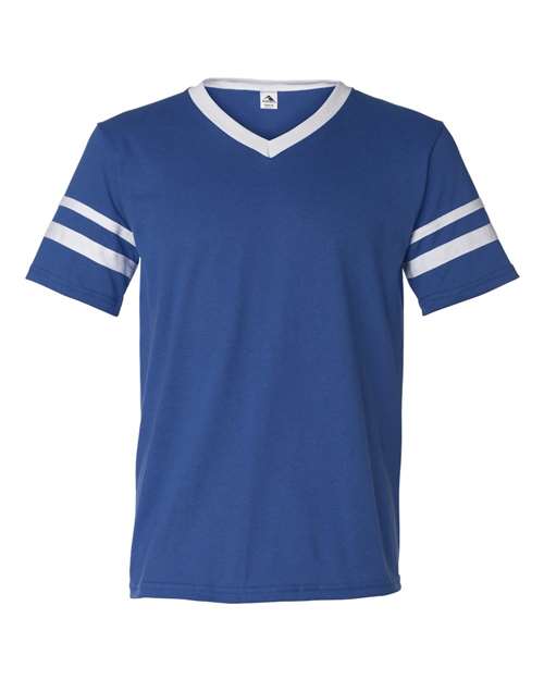 V-Neck Jersey with Striped Sleeves - Front - B06334753 - Royal/ White