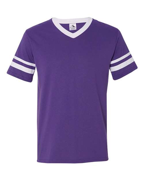 V-Neck Jersey with Striped Sleeves - Front - B06334673 - Purple/ White