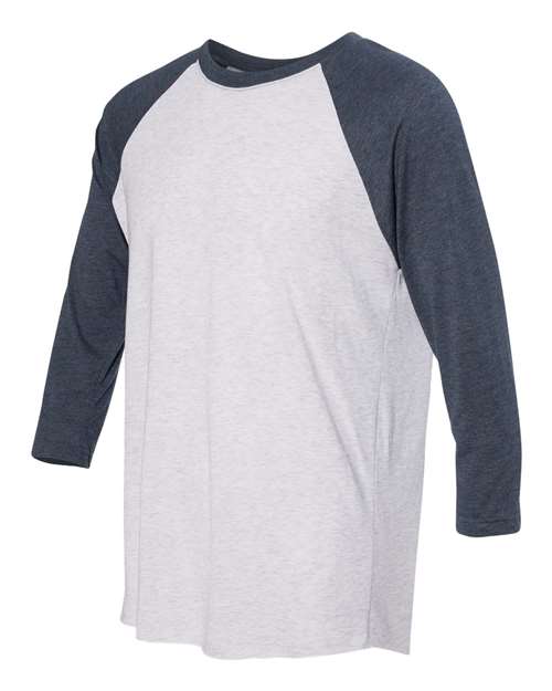Triblend Three-Quarter Raglan T-Shirt - Side - B56818682 - Indigo Sleeves/ Heather White Body