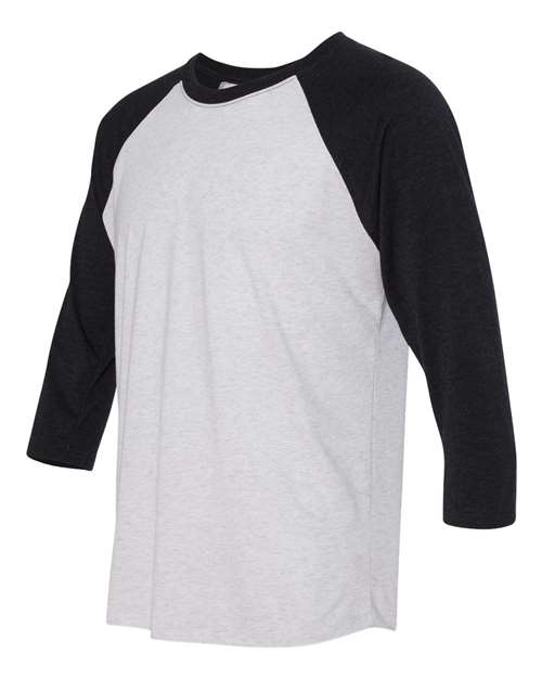 Triblend Three-Quarter Raglan T-Shirt - Side - B56818502 - Vintage Black Sleeves/ Heather White Body