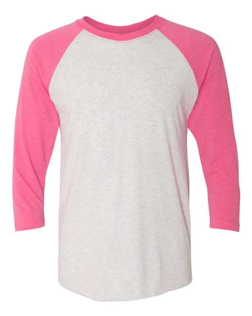 Triblend Three-Quarter Raglan T-Shirt - Front - B56818302 - Vintage Pink Sleeves/ Heather White Body