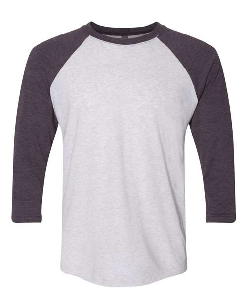 Triblend Three-Quarter Raglan T-Shirt - Front - B56818532 - Vintage Purple Sleeves/ Heather White Body