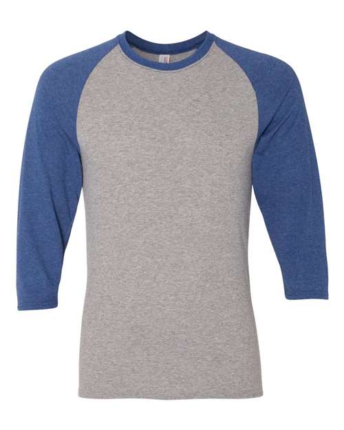 Triblend Three-Quarter Raglan Baseball T-Shirt - Front - B14835763 - Oxford/ True Blue Heather