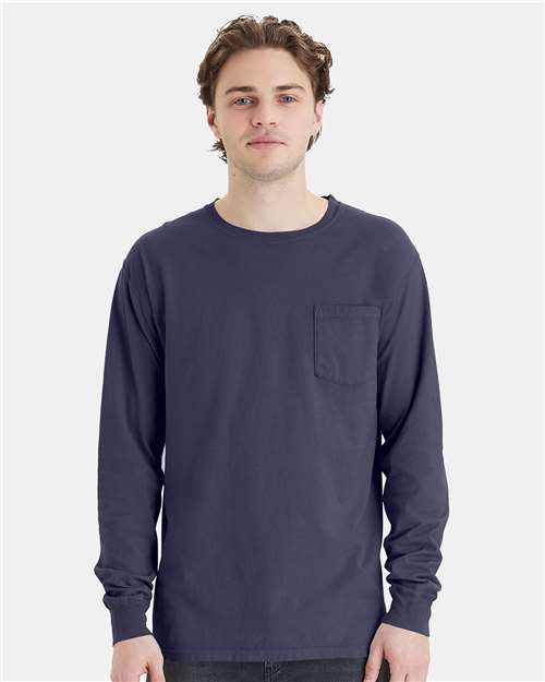 Garment-Dyed Long Sleeve T-Shirt With a Pocket - OnModelFront - B35400683 - Anchor Slate
