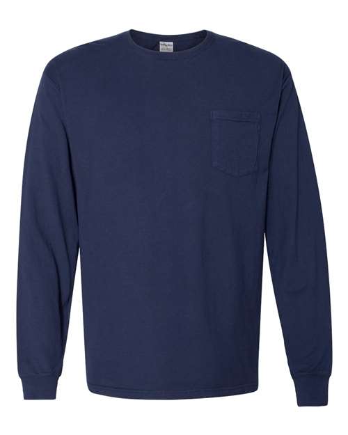 Garment-Dyed Long Sleeve T-Shirt With a Pocket - Front - B35400653 - Navy