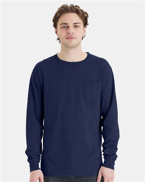 Garment-Dyed Long Sleeve T-Shirt With a Pocket - OnModelFront - B35400653 - Navy
