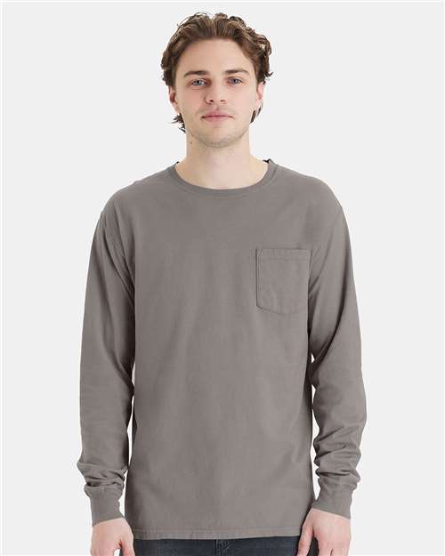 Garment-Dyed Long Sleeve T-Shirt With a Pocket - OnModelFront - B35400133 - Concrete Grey