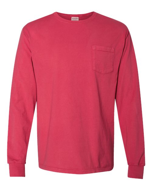 Garment-Dyed Long Sleeve T-Shirt With a Pocket - Front - B35400703 - Crimson Fall