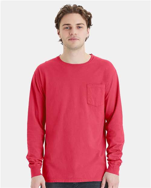 Garment-Dyed Long Sleeve T-Shirt With a Pocket - OnModelFront - B35400703 - Crimson Fall