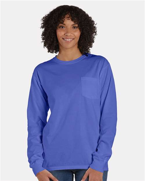 Garment-Dyed Long Sleeve T-Shirt With a Pocket - OnModelFront - B35400813 - Deep Forte Blue