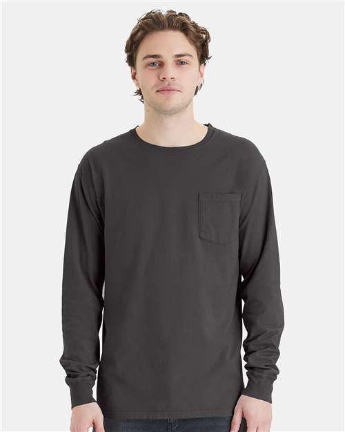 Garment-Dyed Long Sleeve T-Shirt With a Pocket - OnModelFront - B35400093 - New Railroad Grey