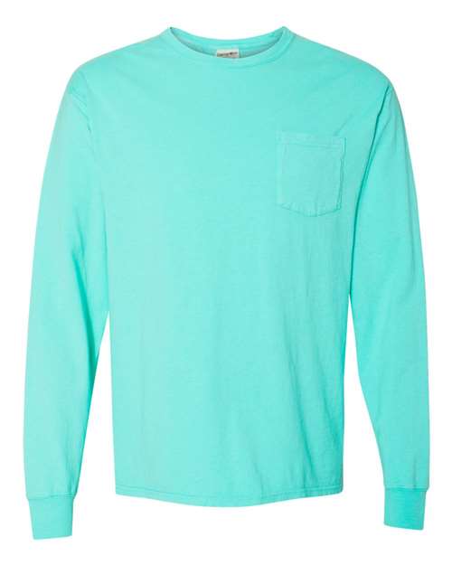 Garment-Dyed Long Sleeve T-Shirt With a Pocket - Front - B35400873 - Mint
