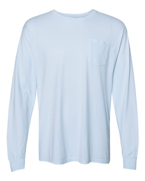 Garment-Dyed Long Sleeve T-Shirt With a Pocket - Front - B35400265 - Soothing Blue