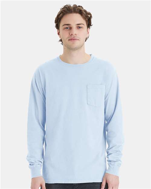 Garment-Dyed Long Sleeve T-Shirt With a Pocket - OnModelFront - B35400265 - Soothing Blue