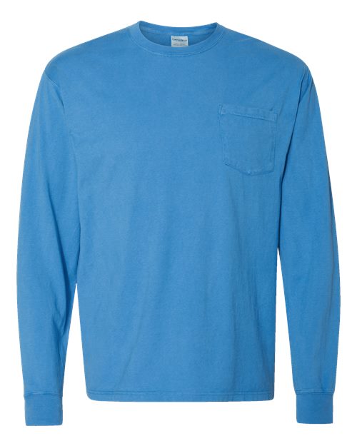 Garment-Dyed Long Sleeve T-Shirt With a Pocket - Front - B35400253 - Summer Sky Blue