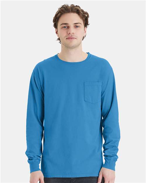 Garment-Dyed Long Sleeve T-Shirt With a Pocket - OnModelFront - B35400253 - Summer Sky Blue