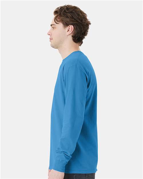Garment-Dyed Long Sleeve T-Shirt With a Pocket - OnModelSide - B35400253 - Summer Sky Blue