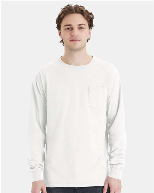 Garment-Dyed Long Sleeve T-Shirt With a Pocket - OnModelFront - B35400003 - White