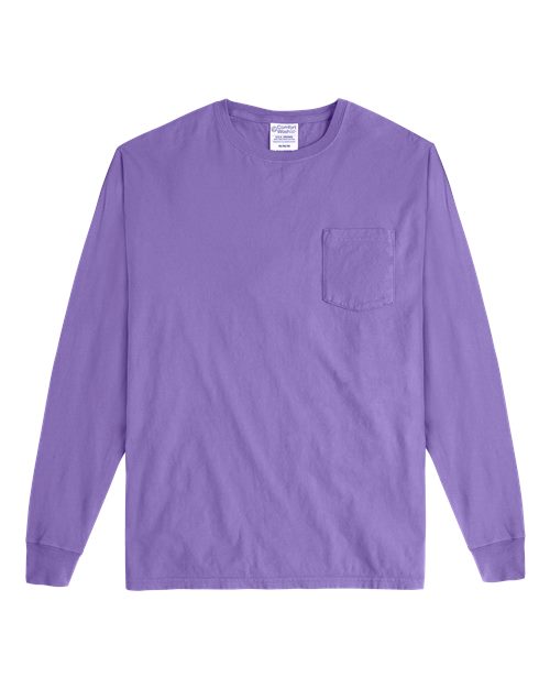 Garment-Dyed Long Sleeve T-Shirt With a Pocket - Front - B35400217 - Lavender