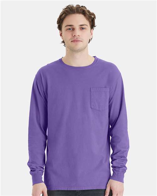 Garment-Dyed Long Sleeve T-Shirt With a Pocket - OnModelFront - B35400217 - Lavender