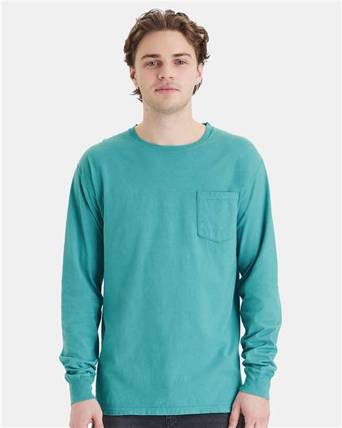 Garment-Dyed Long Sleeve T-Shirt With a Pocket - OnModelFront - B35400293 - Spanish Moss