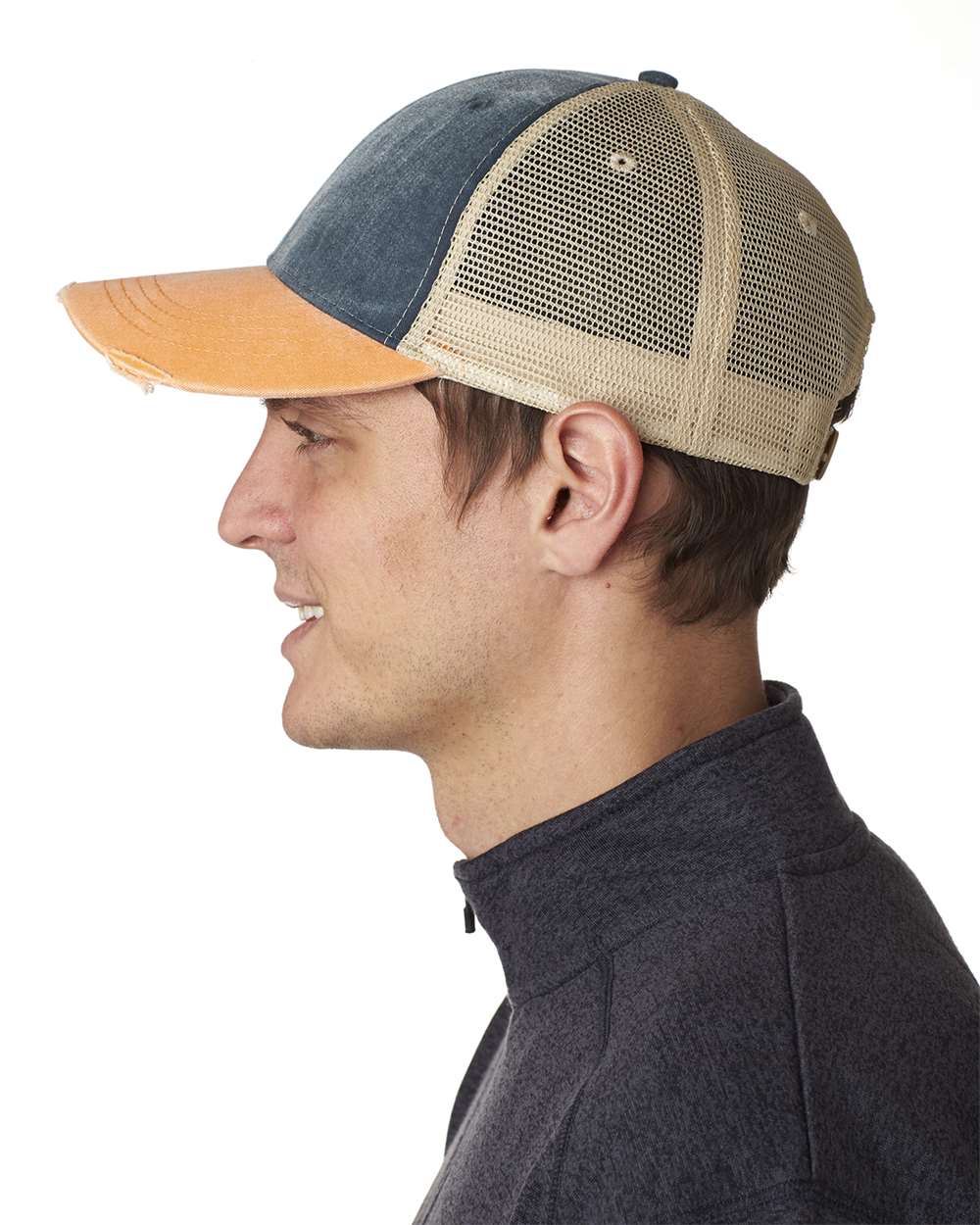 Ollie Distressed Cap - OnModelSide - B10678960 - Navy/ Tangerine/ Tan