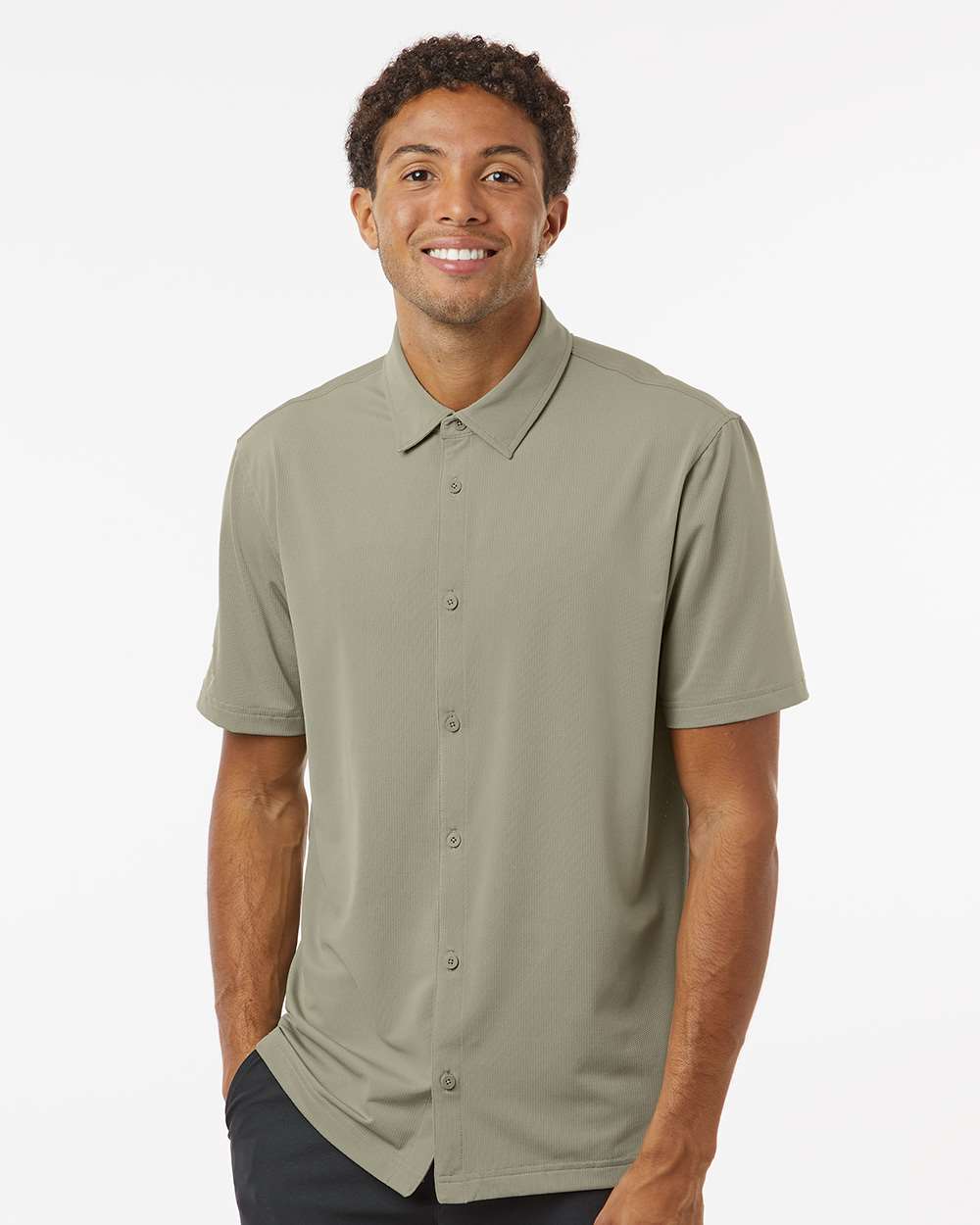 Men's Button Down Short Sleeve Shirt - OnModelFront - B55953353 - Silver Pebble
