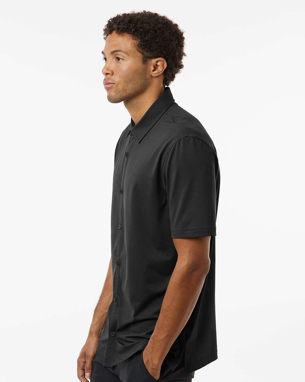 Men's Button Down Short Sleeve Shirt - OnModelSide - B55953503 - Black