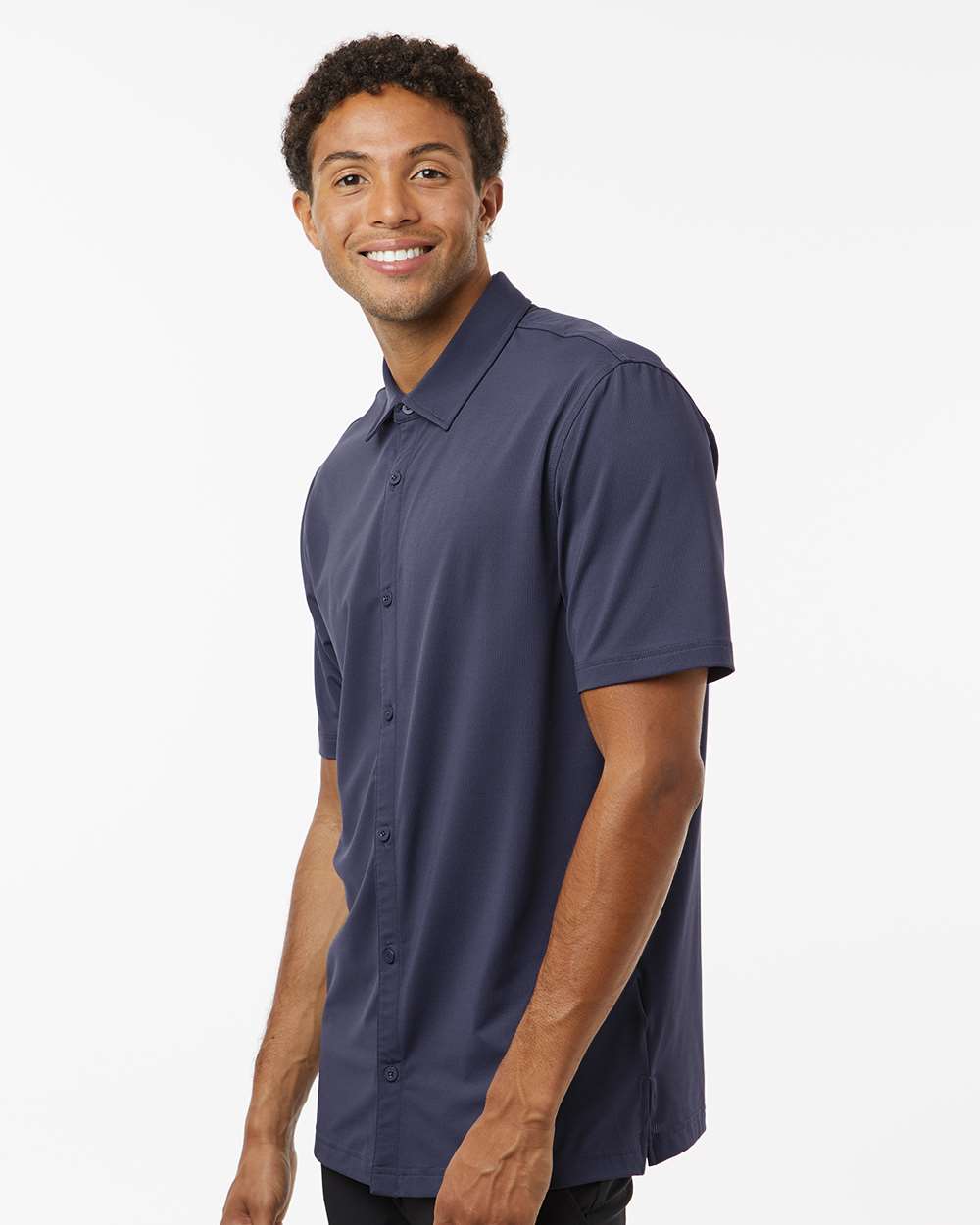 Men's Button Down Short Sleeve Shirt - OnModelSide - B55953653 - Shadow Navy