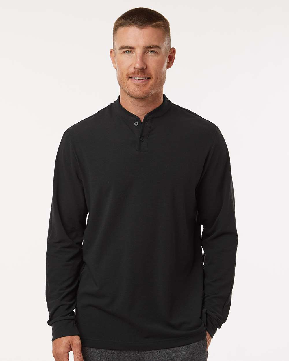 Men's Henley Long Sleeve T-Shirt - OnModelFront - B09653503 - Black