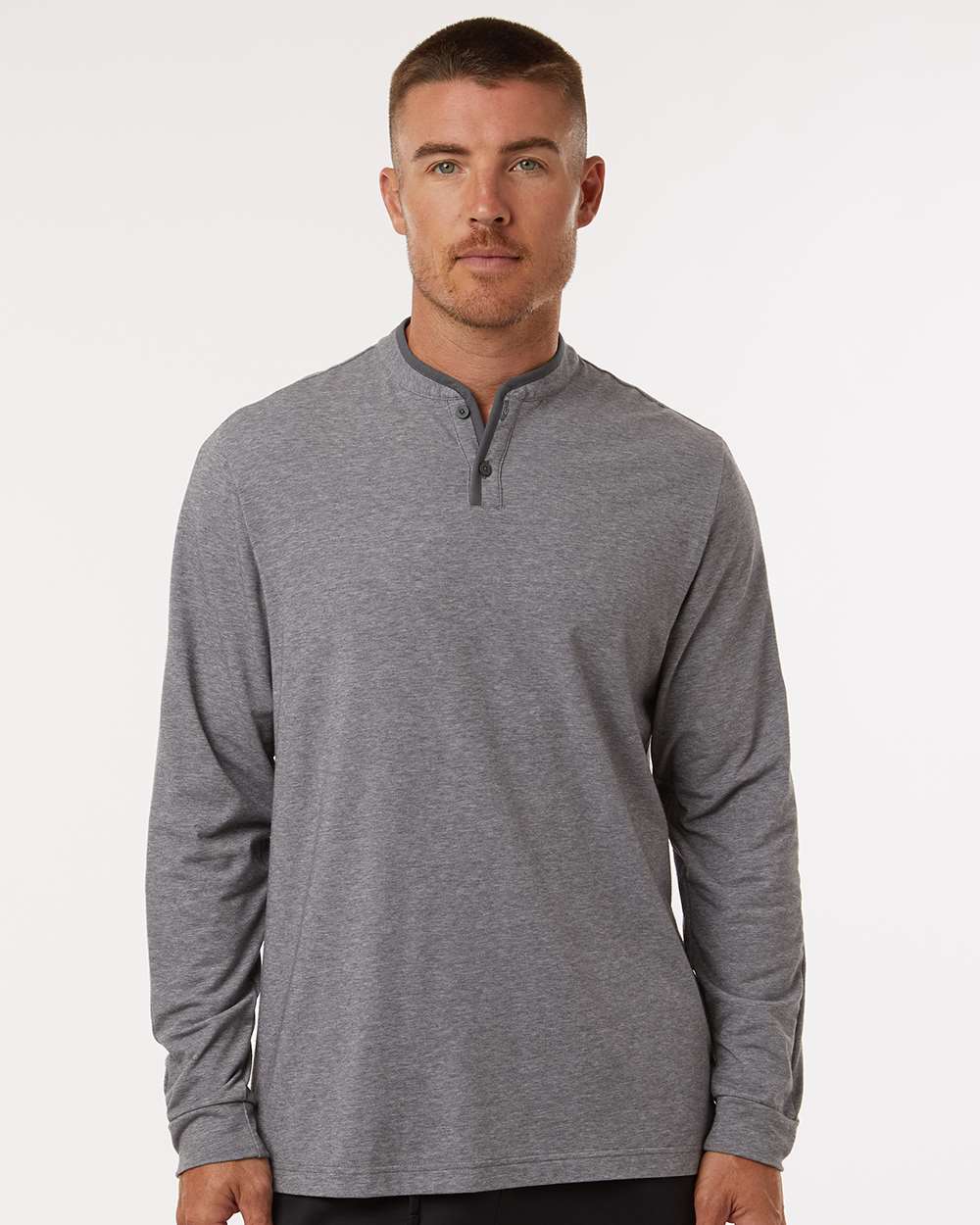 Men's Henley Long Sleeve T-Shirt - OnModelFront - B09653583 - Grey Five Melange