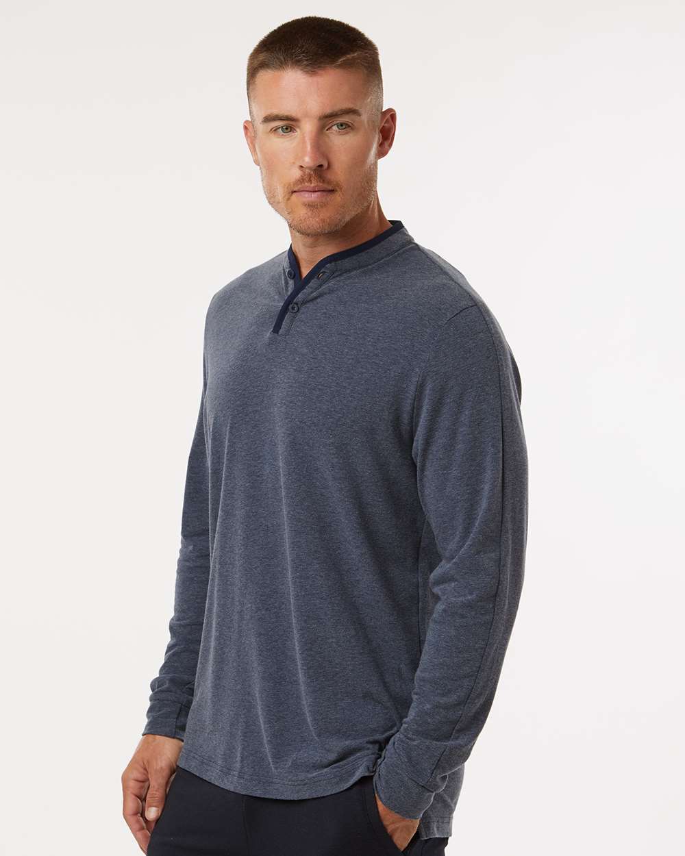 Men's Henley Long Sleeve T-Shirt - OnModelSide - B09653653 - Collegiate Navy Melange