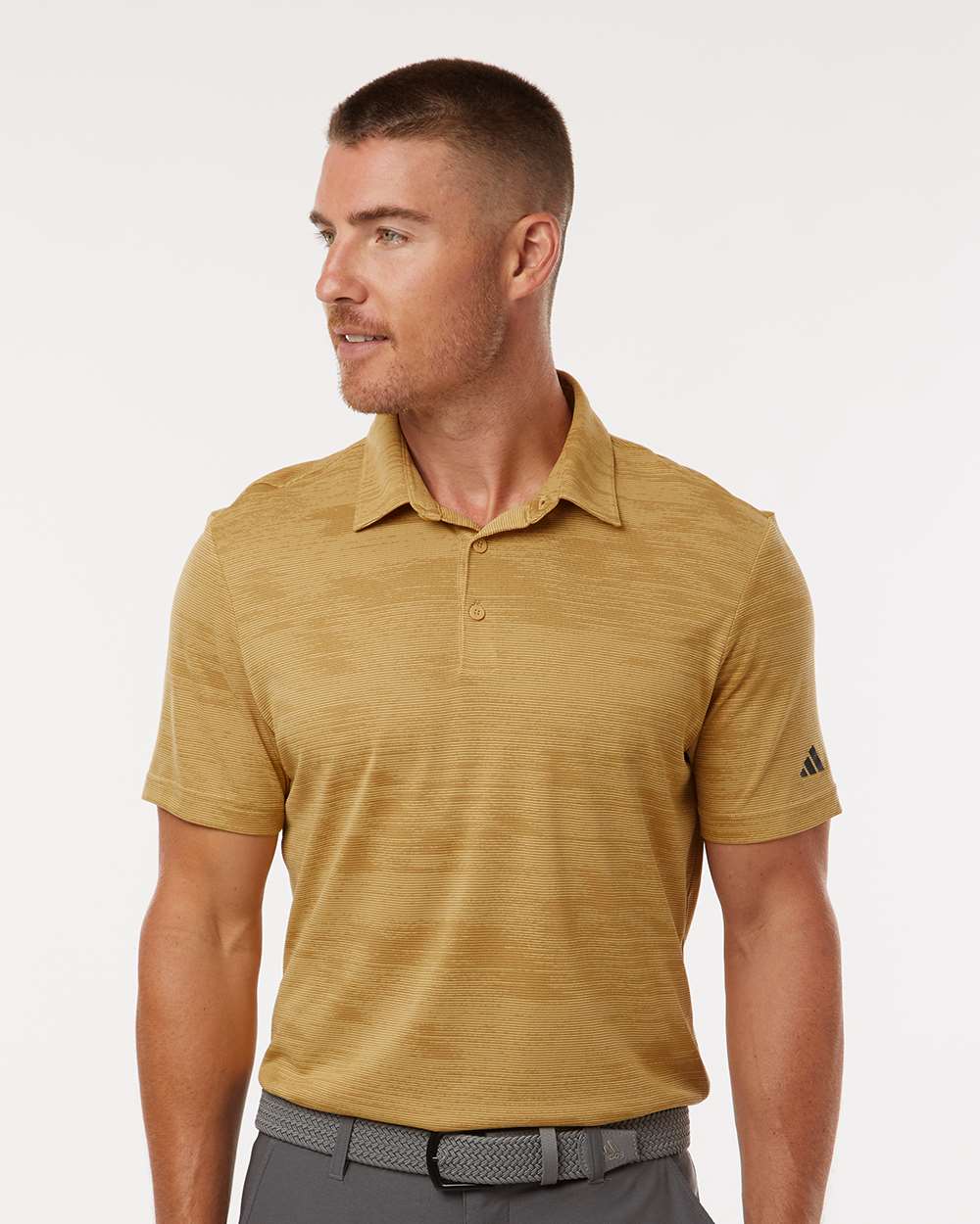 Men's Ultimate365 Textured Stripe Polo - OnModelFront - B57053103 - Oat/ Golden Beige