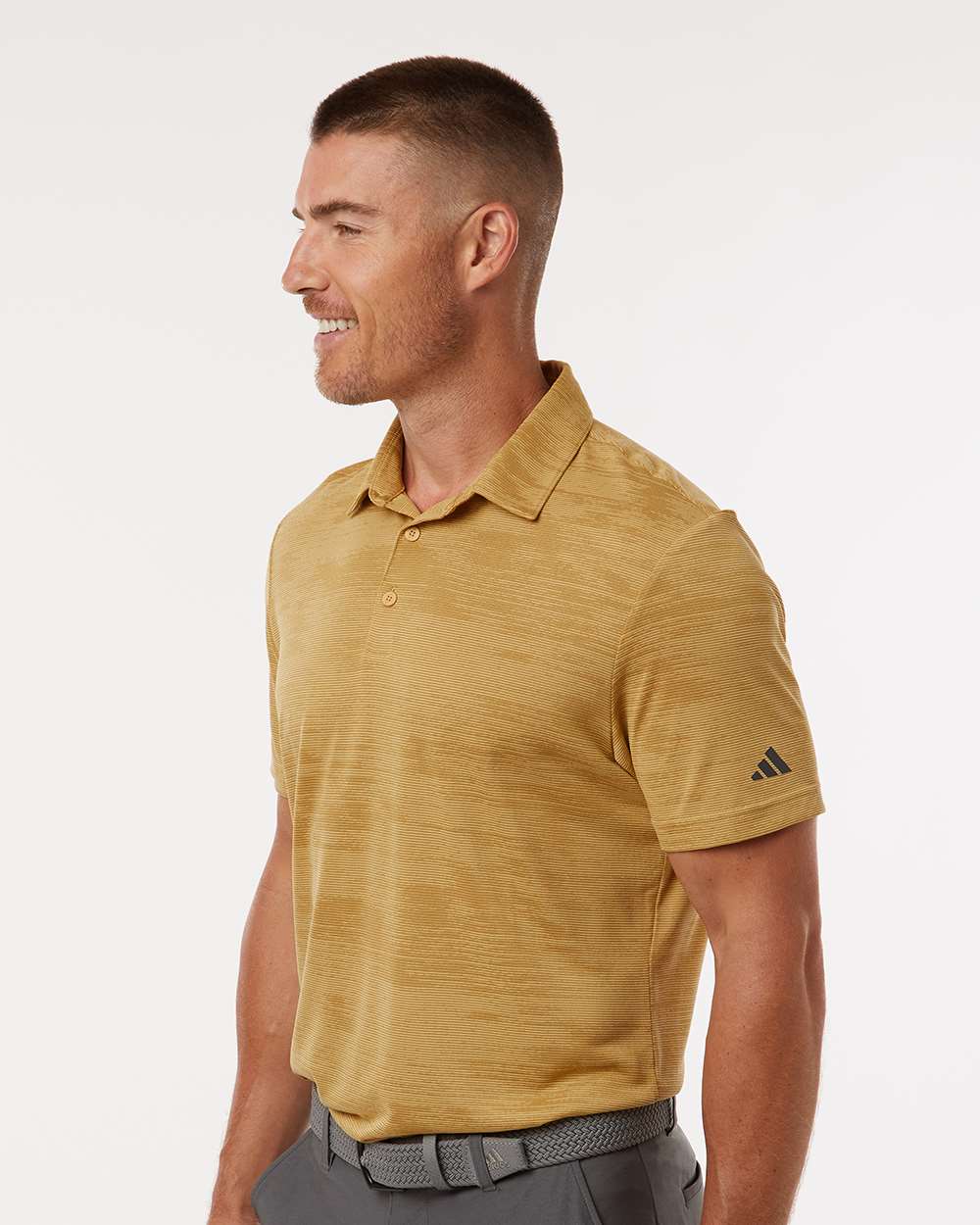 Men's Ultimate365 Textured Stripe Polo - OnModelSide - B57053103 - Oat/ Golden Beige