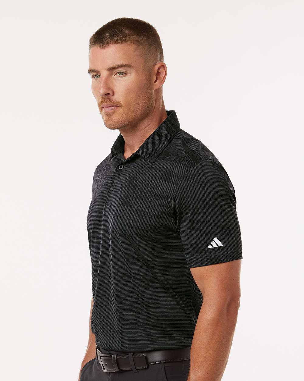 Men's Ultimate365 Textured Stripe Polo - OnModelSide - B57053583 - Carbon/ Black