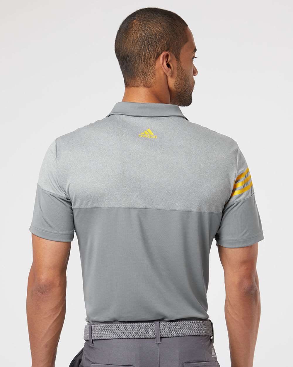 Men's Heathered 3-Stripes Colorblocked Polo - OnModelBack - B18353583 - Vista Grey/ EQT Yellow