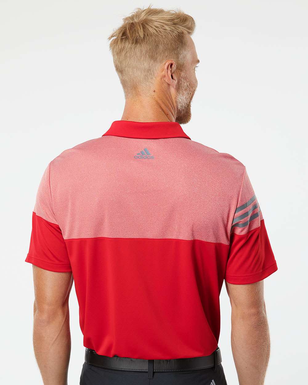 Men's Heathered 3-Stripes Colorblocked Polo - OnModelBack - B18353704 - Power Red