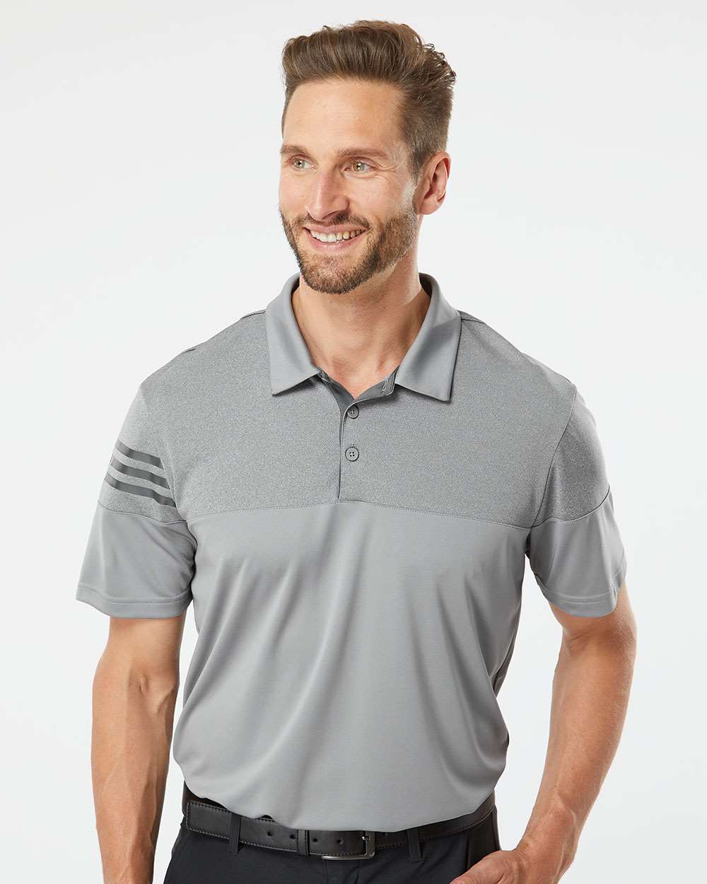 Men's Heathered 3-Stripes Colorblocked Polo - OnModelFront - B18353353 - Grey Three